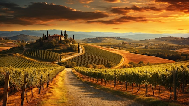 Viñedo con hierba verde en Italia al atardecer.