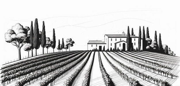 Viñedo con hileras de vides de uva y casa estilo de ilustración de dibujo de línea simple Generativo ai