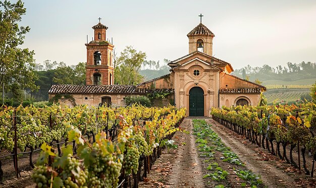 Foto un viñedo con una iglesia en el fondo