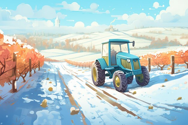 Viñedo de invierno con un camino de tractor helado