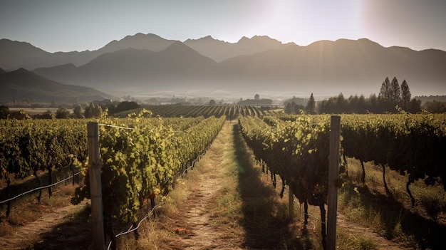 Un viñedo con montañas al fondo.