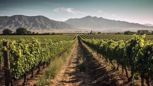 Un viñedo con montañas al fondo.