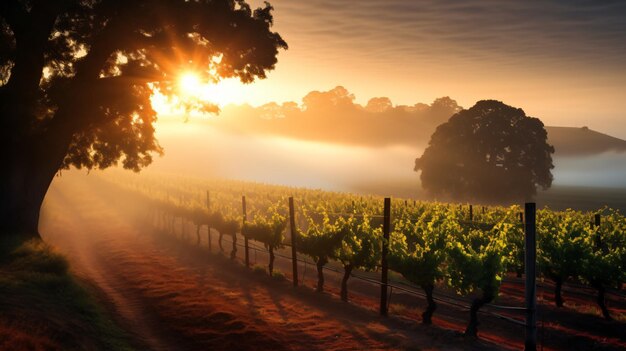 Un viñedo nebuloso temprano en la mañana con el sol