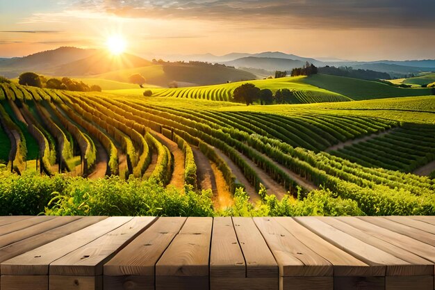 Un viñedo con una puesta de sol en el fondo