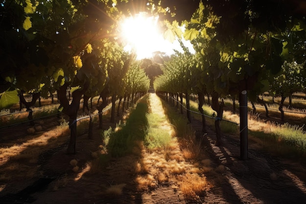 Viñedo con rayos de sol que brillan a través de los árboles y en hileras de vides