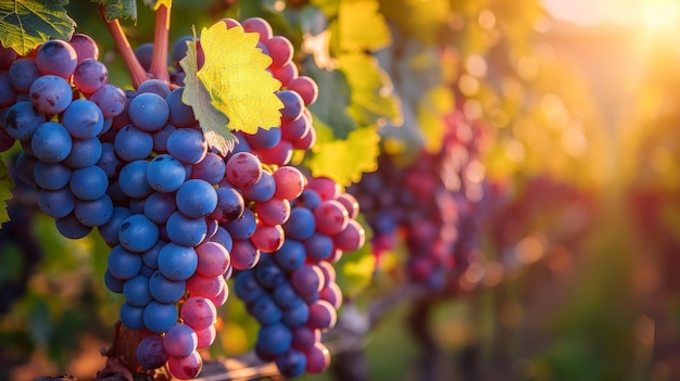 Un viñedo soleado con racimos de uvas maduras