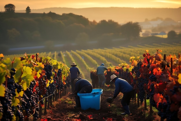 El viñedo con los trabajadores cosechando uvas en el otoño