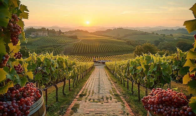 un viñedo con uvas en la vid y una puesta de sol en el fondo