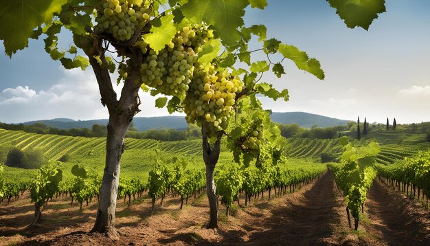 un viñedo con uvas y una vista a la montaña