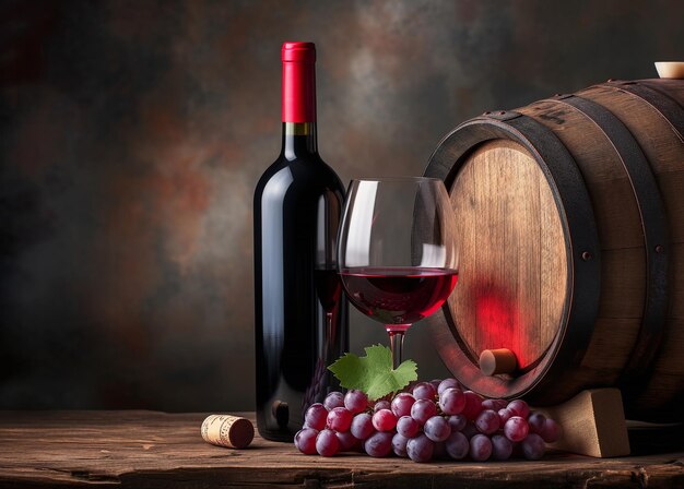 Los viñedos son un tesoro del vino rojo con uvas y barricas