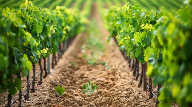 Viñedos verdes con filas de uvas rojas de la variedad Cabernet Sauvignon de los viñedos de HautMedoc en Bordeau