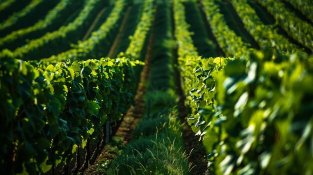 Viñedos verdes con filas de uvas rojas de la variedad Cabernet Sauvignon de los viñedos de HautMedoc en Bordeau