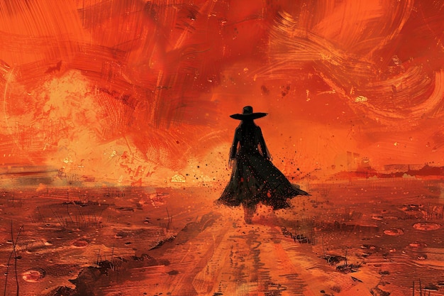 Foto vingança do oeste selvagem uma paisagem desolada do deserto se estende sob um céu vermelho de sangue uma mulher com um vestido preto rasgado caminha por um caminho poeirento uma única papoula vermelha escondida atrás dela