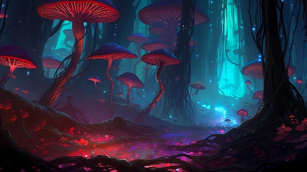 Vinha de cogumelo brilhante com ampla gama de cores e ilustração de cor neon