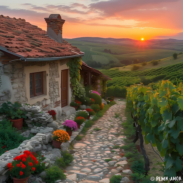 Foto vinha idílica ao pôr-do-sol com encantadora casa de pedra