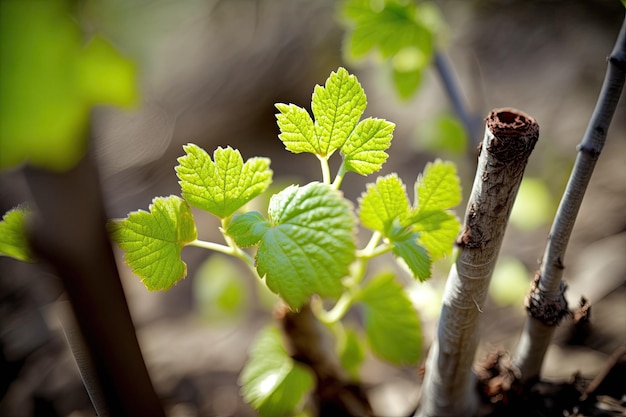 Vinhas jovens surgindo em um jardim de primavera