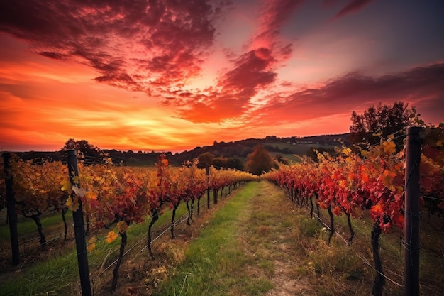 Vinhedo à noite com céu pôr do sol e cores vibrantes criadas com ai generativa