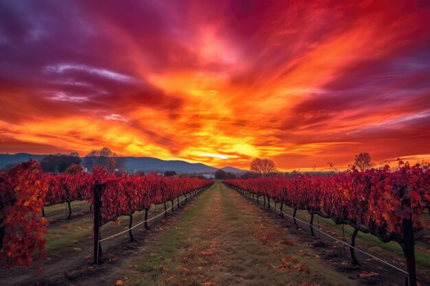 Vinhedo com pôr do sol dramático mostrando as cores vibrantes do céu criadas com IA generativa