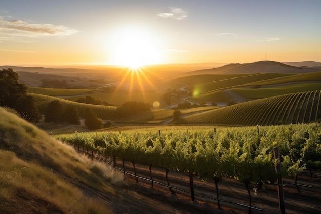 Vinhedo com vista para o pôr do sol atrás de uma vista de colinas e terras agrícolas