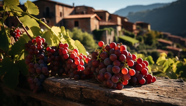 Vinhedo rústico colhe uvas orgânicas frescas em mesa de madeira gerada por inteligência artificial