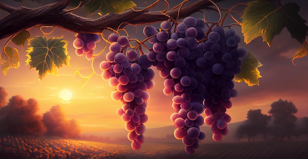 Vinhedos ao pôr do sol uvas maduras de outono imagem gerada por IA