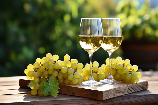 Vinho branco com uvas na mesa de madeira velha turva fundo vintage