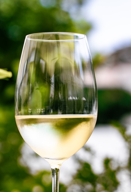 Vinho branco em restaurante de luxo no terraço com jardim de verão experiência de degustação de vinhos em vinícola na vi ...