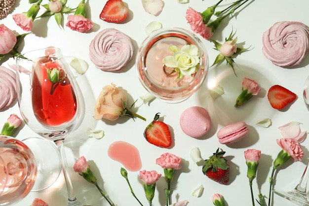 Vinho, comida doce e flores na mesa branca