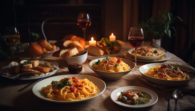 Foto vinho de carne de massa de celebração italiana rústica e legumes frescos gerados por ia