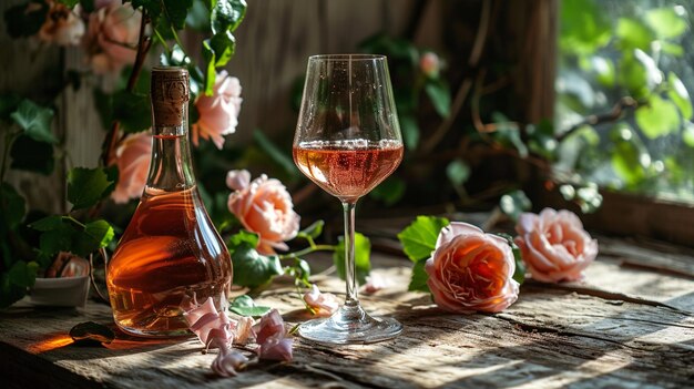 Vinho de rosas em copo e garrafa