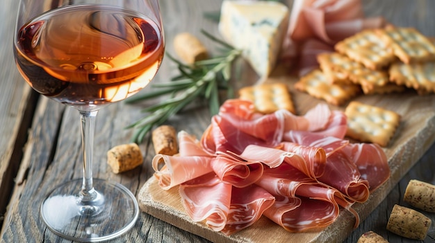 Vinho gourmet e prosciutto com queijo e biscoitos