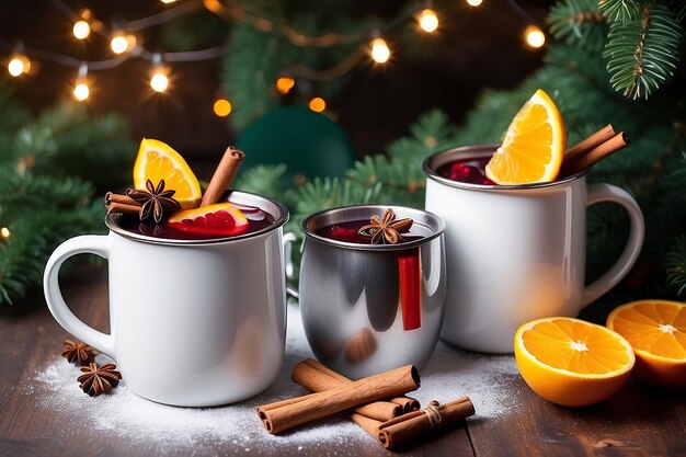 Foto vinho molled em copos de metal branco com especiarias de canela e laranja com abeto e luzes de natal bebida tradicional nas férias de inverno