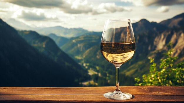 vinho num copo numa mesa de madeira nas montanhas