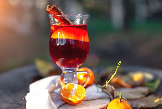 Vinho quente com especiarias em uma taça piquenique do outdors no parque outono gluhwein vinho quente