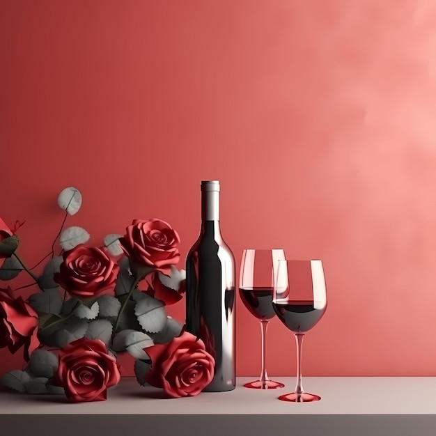 Vinho romântico com rosas vermelhas em um fundo rosa pastel romântico dia dos namorados