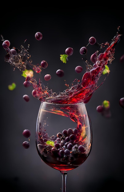 Foto vinho tinto com salpicos de uvas