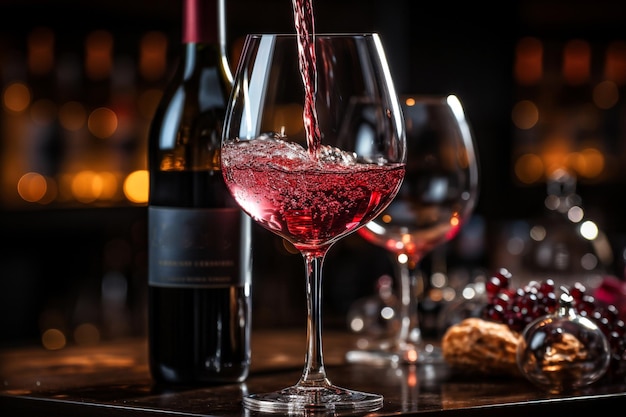 Vinho tinto derramando em um copo em um balcão de bar em uma boate