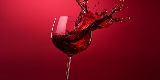 Vinho tinto espalhado em uma imitação de copo de vinho de perto em fundo vermelho
