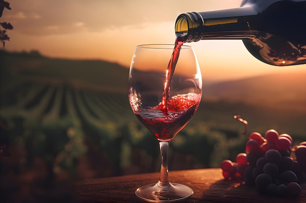 Vinho tinto sendo servido em um copo de uma garrafa ao pôr do sol com vista para o vinhedo Generative AI 9