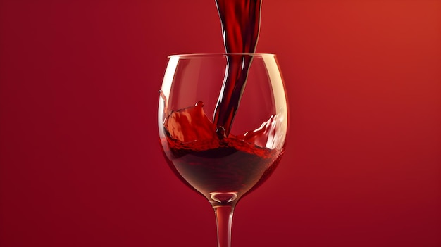 vinho vermelho a ser derramado num copo com fundo vermelho