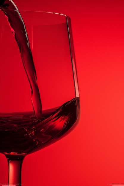 Vinho vermelho derramando em copo em fundo vermelho close-up Vaso de bebida de vinho para celebrar a data festa de jantar em família loja de vinho degustação conceito de cópia de espaço bandeira de vinícola mínima