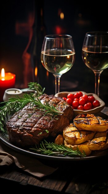 Vinho vermelho e bifes para dois durante o jantar.