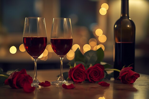 Vinho Vermelho e Rosas em Arranjo de Vidro