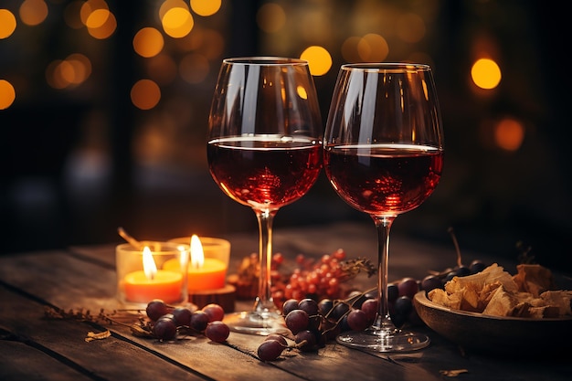 Vinho vermelho e velas acesas à luz fraca