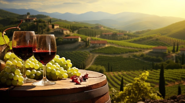 Foto vinho vermelho em barril em vinha na verde toscana