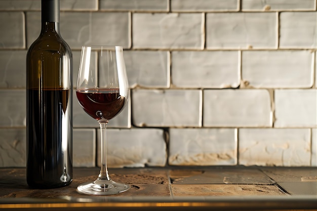 Vinho vermelho em copo com garrafa em superfície de azulejos