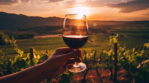 Vinho vermelho girando em um copo Um arbusto de uvas antes da colheita Uma mão segura um copo de vinho branco contra uma vinha no fundo de uma paisagem rural durante o pôr do sol