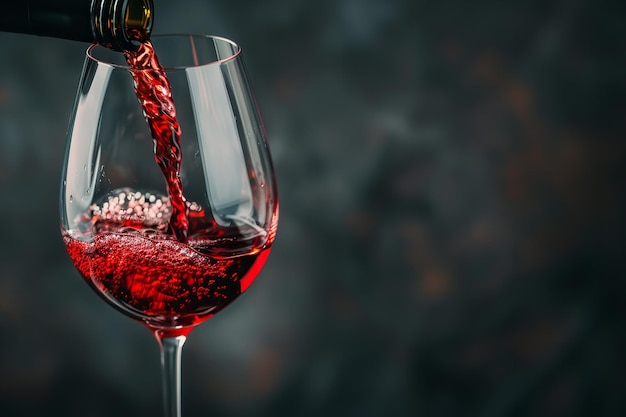 Vinho vermelho sendo derramado em uma xícara de vidro sobre um cenário preto e espaço IA geradora