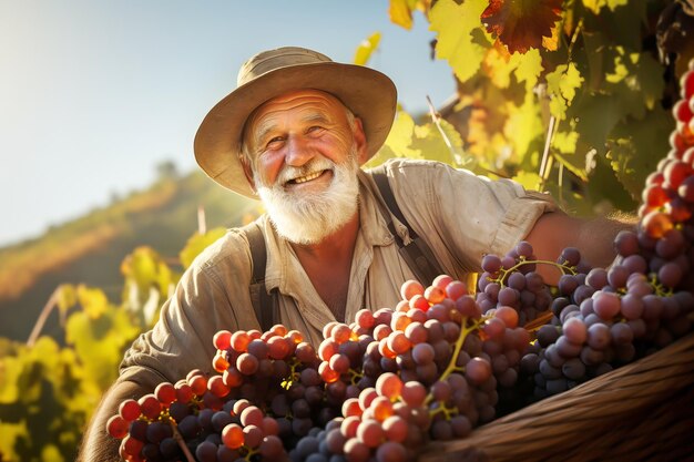 Vinicultor sênior colhendo uvas em uma vinha em um dia ensolarado Ilustração de IA gerativa