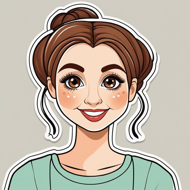 Foto vinilo 2d mujer linda y adorable ojos grandes sonriendo ilustración de vector de moño de pelo de pelo castaño